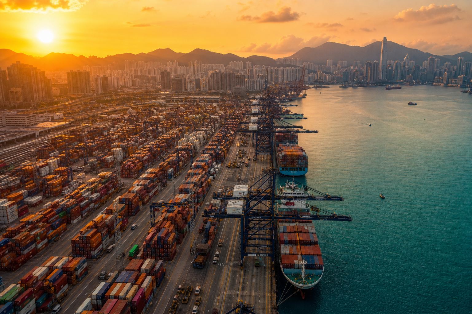 Container terminal, Hong Kong, at sunset