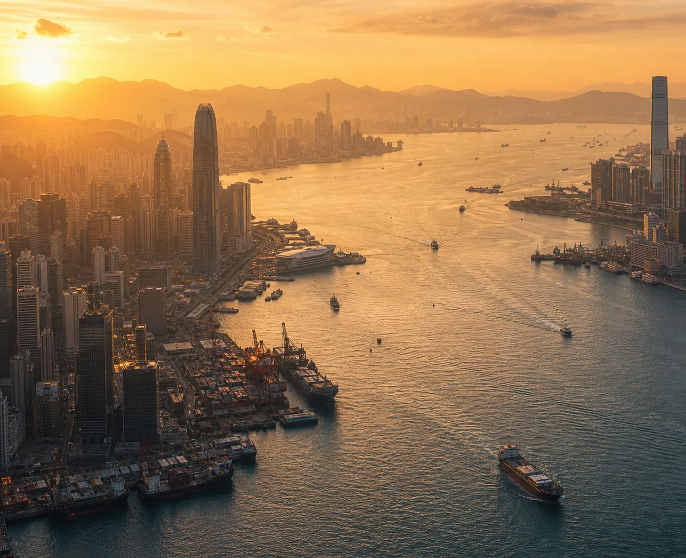 Victoria Harbour, Hong Kong, at sunset